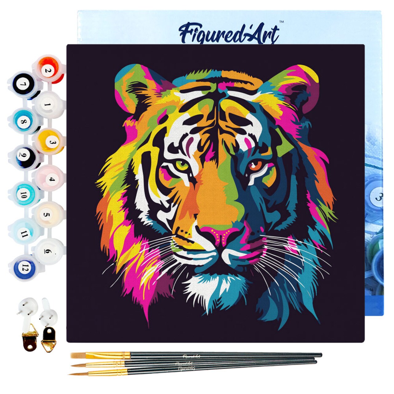 Figured'Art Mini Paint by Numbers Kit for Adults with Frame Tiger Abstract Pop Art Small format 8"x8" - Craft Art Painting DIY Canvas Already Stretched on a Wooden Frame
